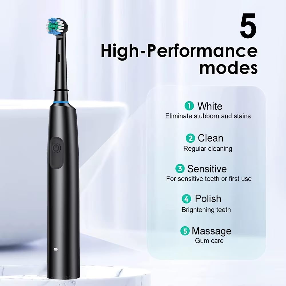 Rotating Electric Toothbrush USB Rechargeable with 4 Brush Heads & 5 Cleaning Modes – Deep Clean, Whitening & Gum Care Meerab Trading