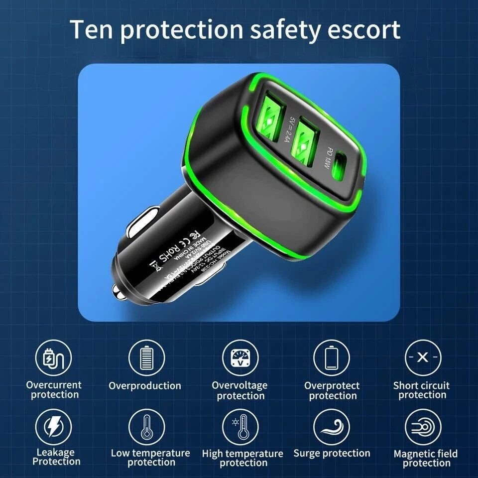 Fast Car Charger 2 USB Port + Type C Universal Socket Adapter For iPhone Samsung Uk_Supplier